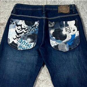 Baggy Grunge Artful Dodger Y2K 2000's Embroidered Skater Denim Jeans 34x33